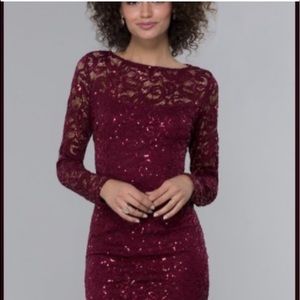MARINA Long Sleeve Sequin Lace Short Red Dress